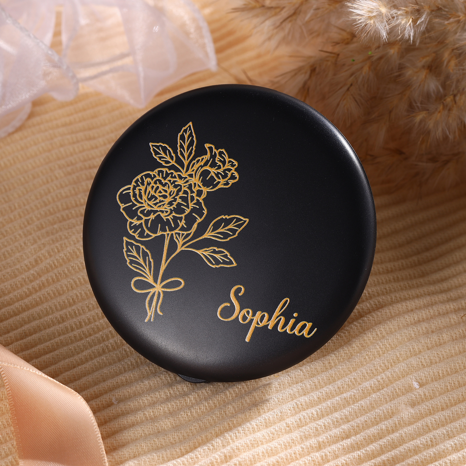 Personalized Birth Flower Pocket Mirror with Led Light Custom Name Compact Mirror Gifts for Her
