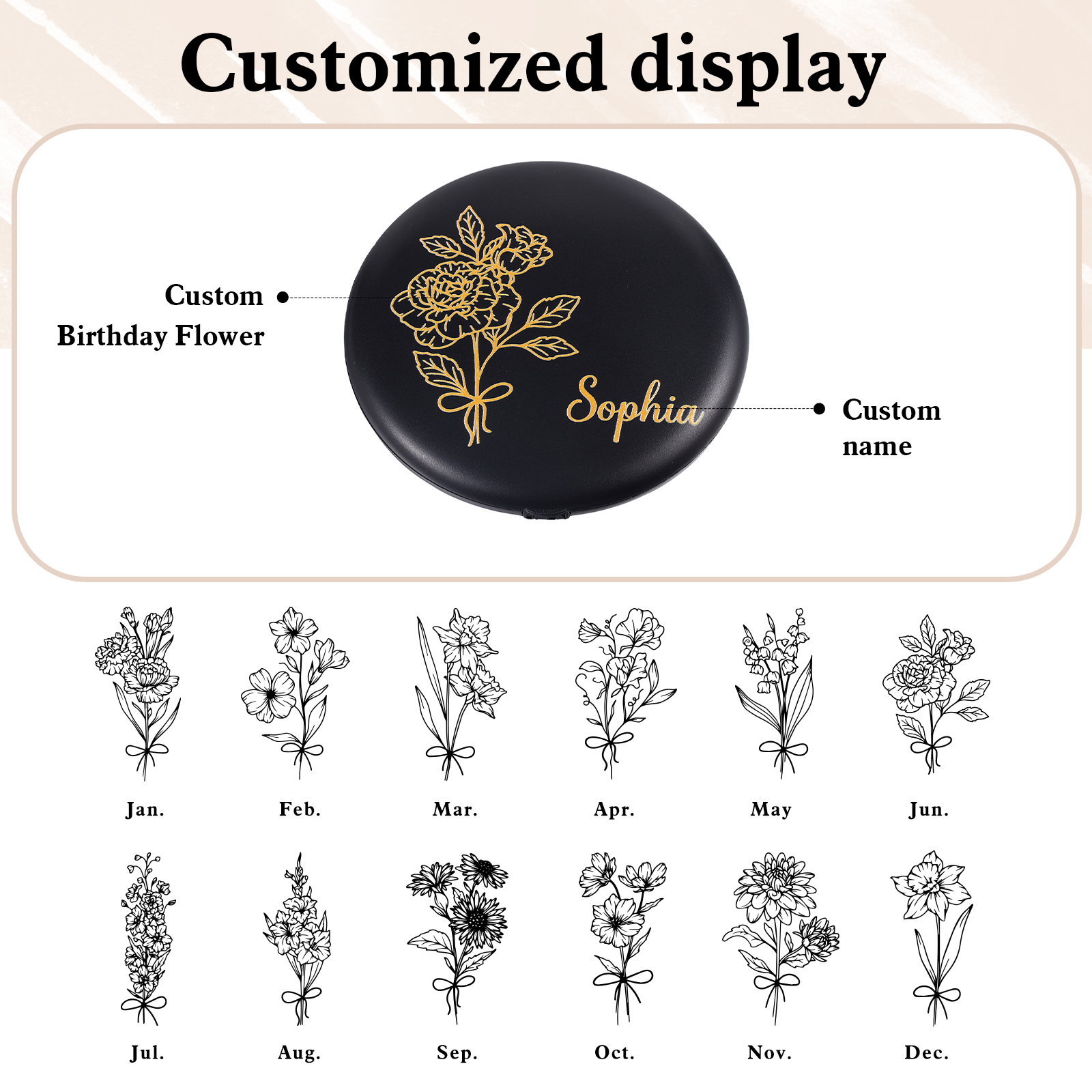 Personalized Birth Flower Pocket Mirror with Led Light Custom Name Compact Mirror Gifts for Her