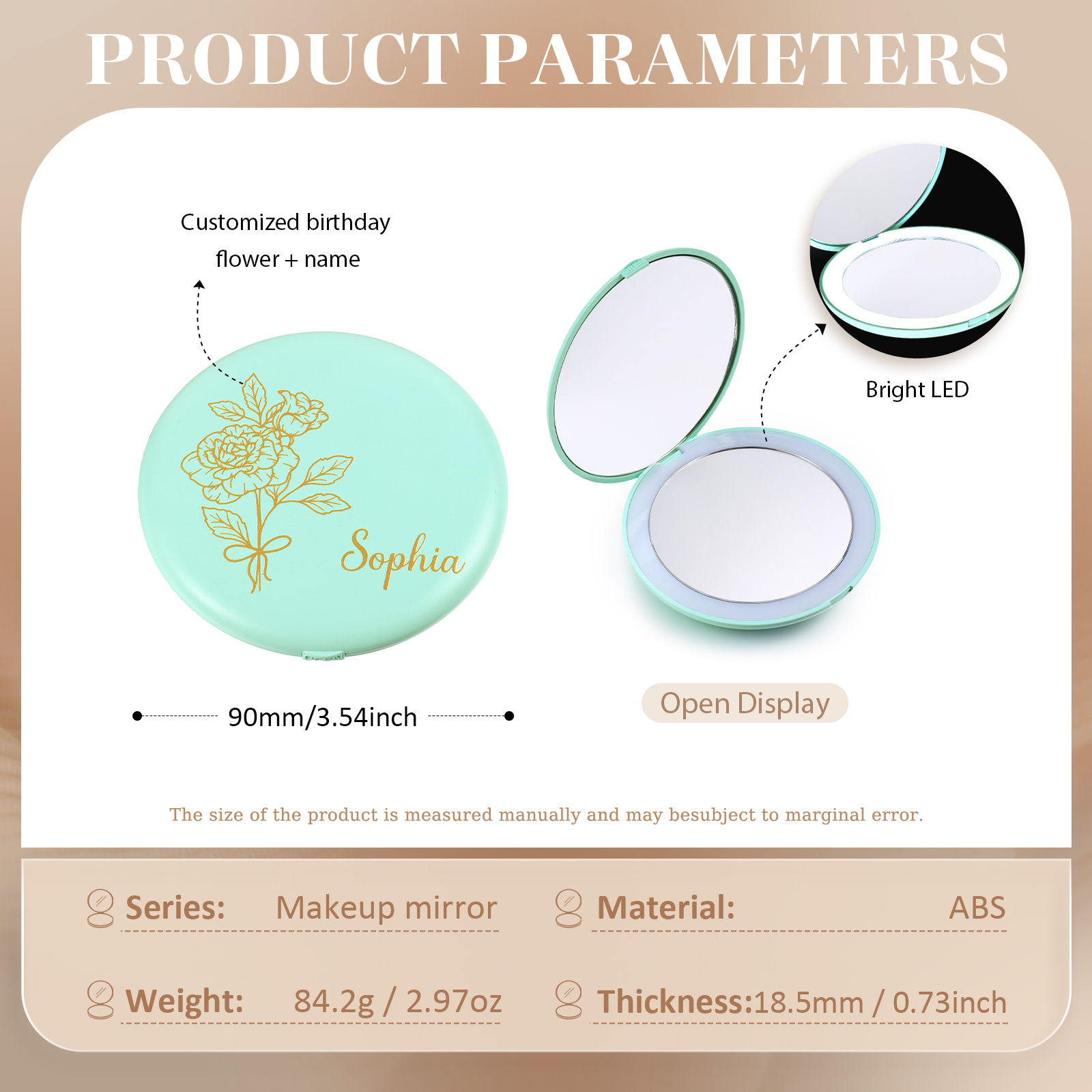 Personalized Birth Flower Pocket Mirror with Led Light Custom Name Compact Mirror Gifts for Her