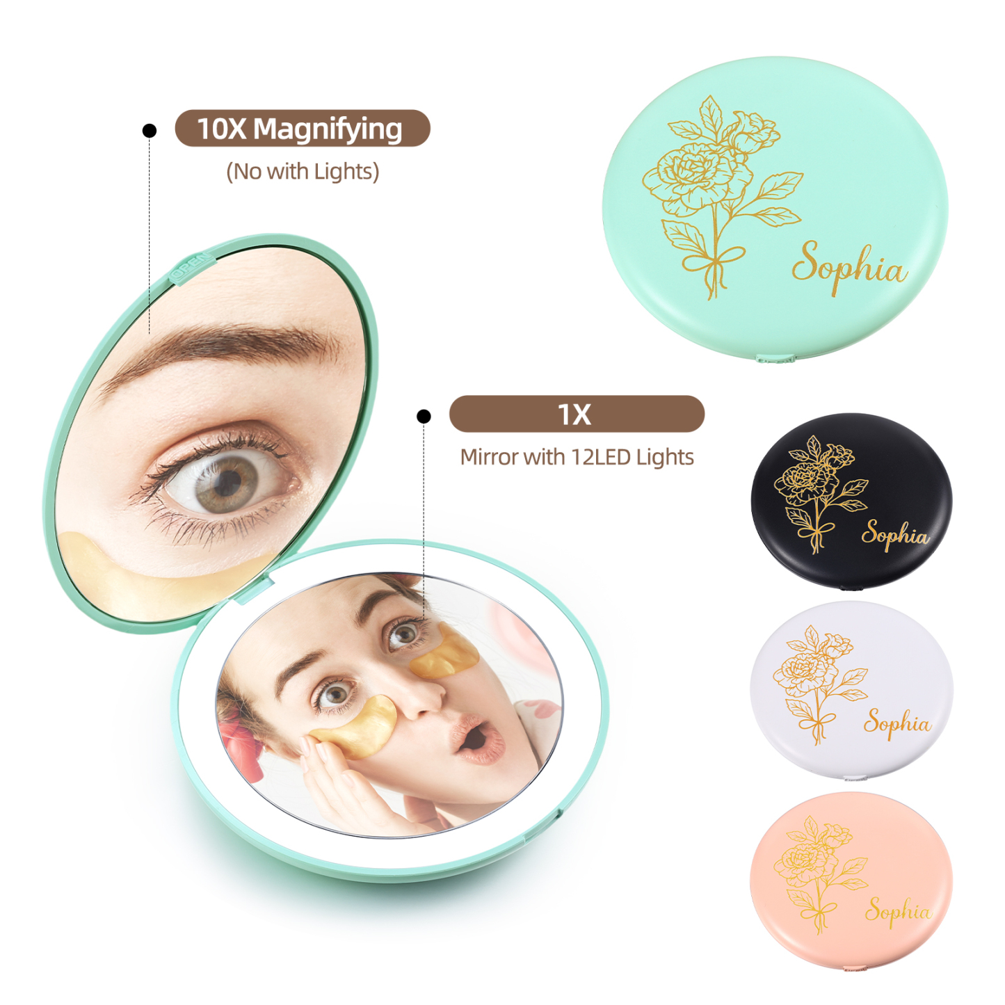Personalized Birth Flower Pocket Mirror with Led Light Custom Name Compact Mirror Gifts for Her