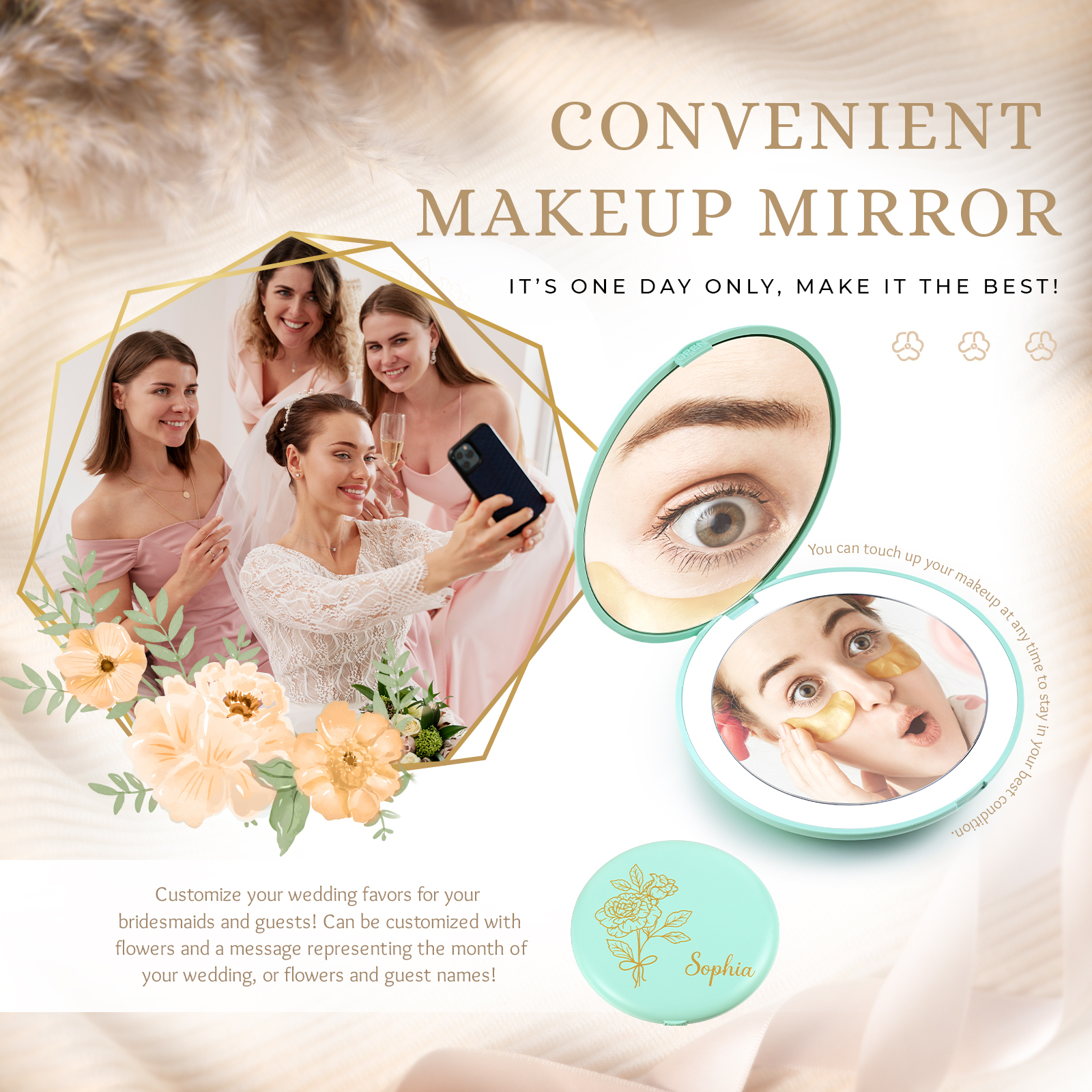 Personalized Birth Flower Pocket Mirror with Led Light Custom Name Compact Mirror Gifts for Her