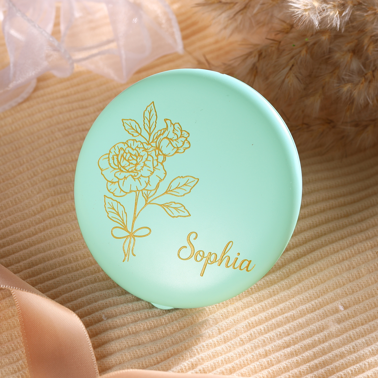 Personalized Birth Flower Pocket Mirror with Led Light Custom Name Compact Mirror Gifts for Her