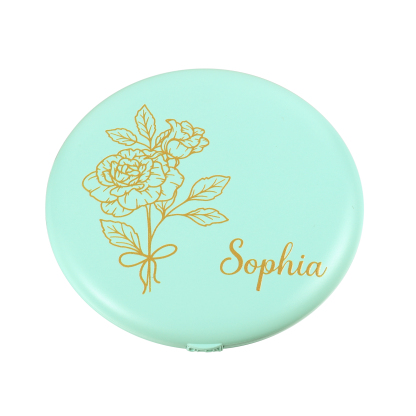 Personalized Birth Flower Pocket Mirror with Led Light Custom Name Compact Mirror Gifts for Her