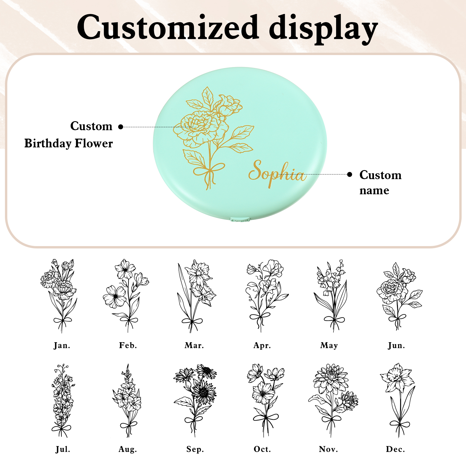 Personalized Birth Flower Pocket Mirror with Led Light Custom Name Compact Mirror Gifts for Her