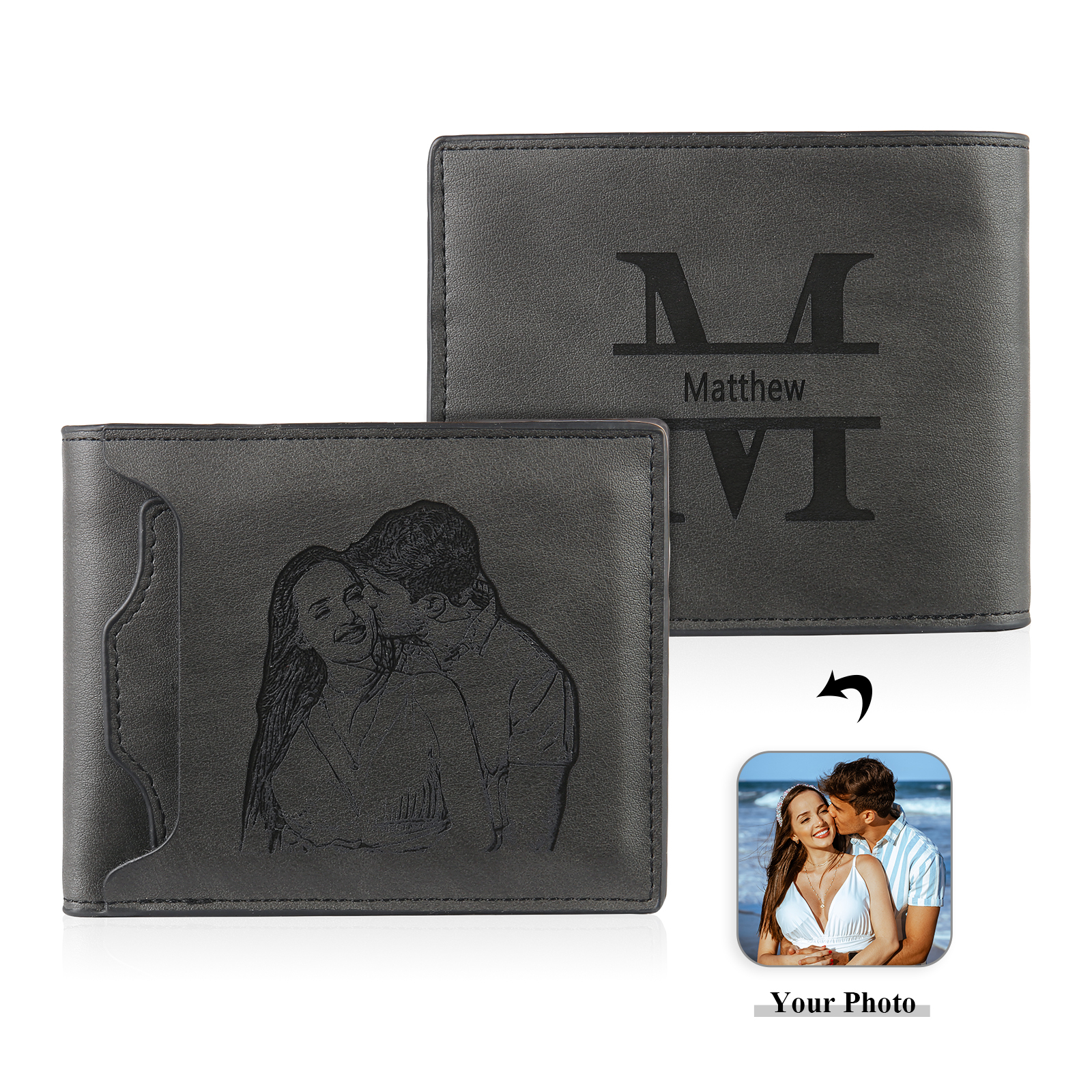 Personalized Men Leather Wallet Custom 1 Letter & 1 Text & 1 Photo Folding Wallet Gifts for Him