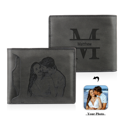 Personalized Men Leather Wallet Custom 1 Letter & 1 Text & 1 Photo Folding Wallet Gifts for Him