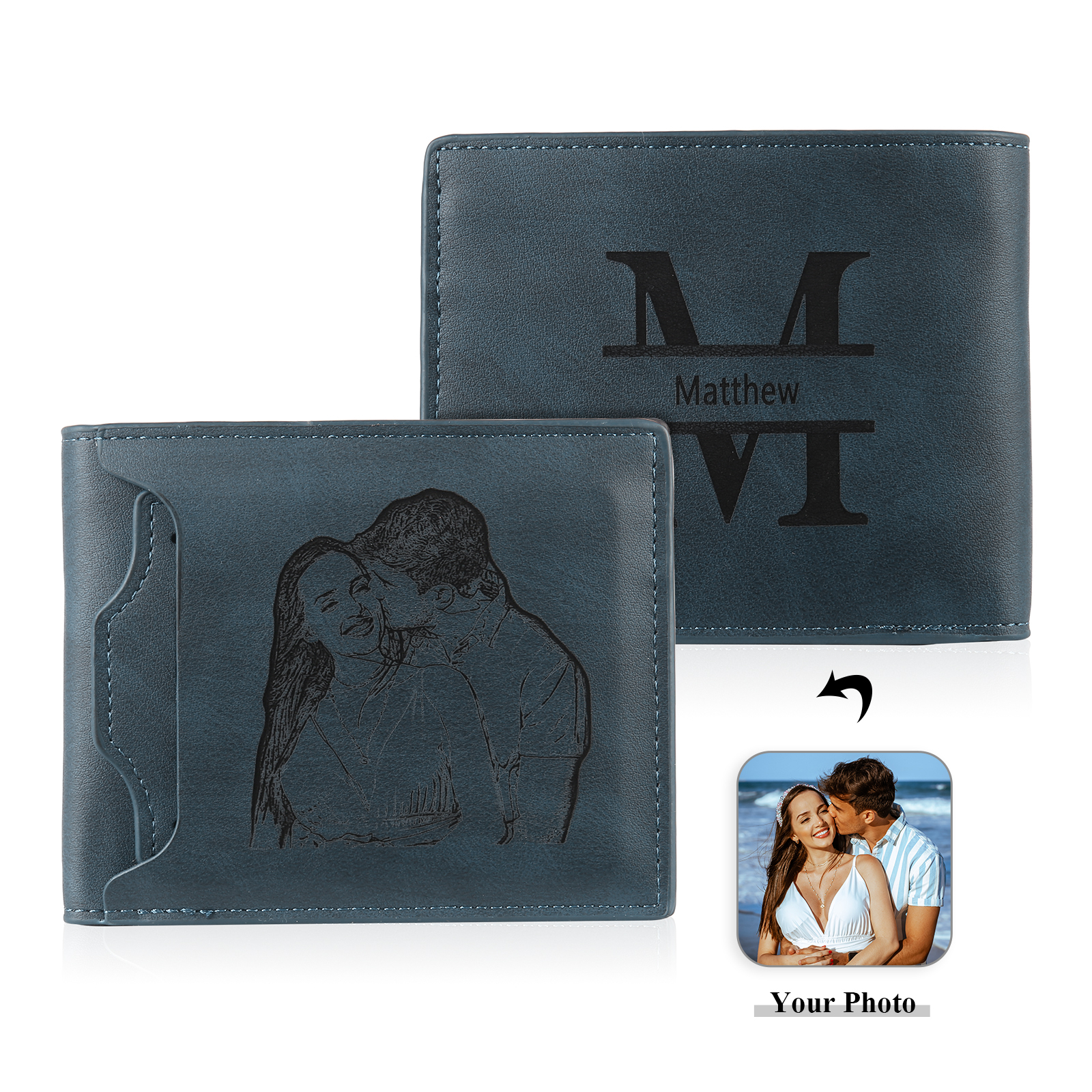 Personalized Men Leather Wallet Custom 1 Letter & 1 Text & 1 Photo Folding Wallet Gifts for Him