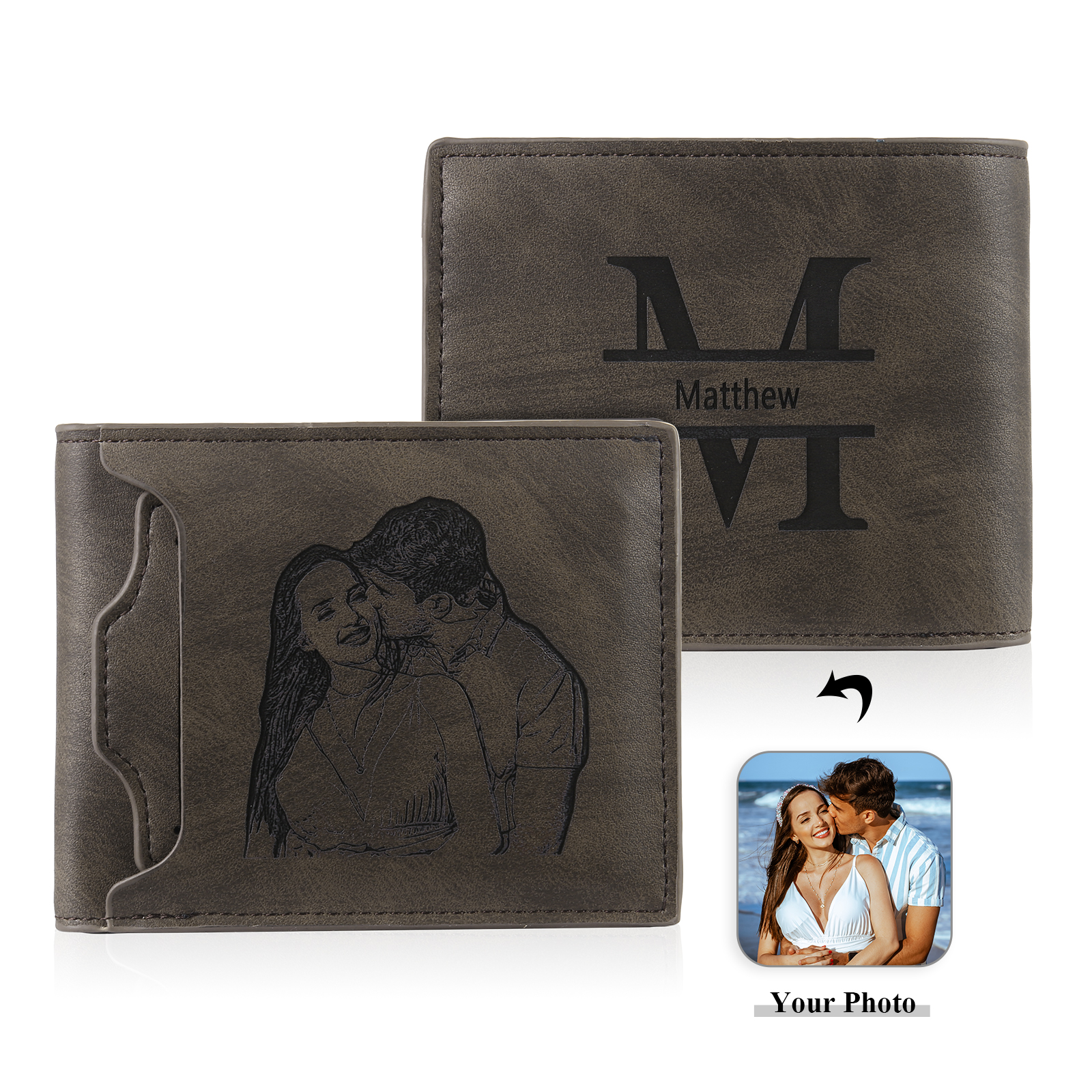 Personalized Men Leather Wallet Custom 1 Letter & 1 Text & 1 Photo Folding Wallet Gifts for Him