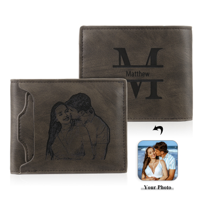 Personalized Men Leather Wallet Custom 1 Letter & 1 Text & 1 Photo Folding Wallet Gifts for Him