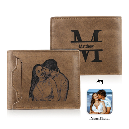 Personalized Men Leather Wallet Custom 1 Letter & 1 Text & 1 Photo Fol