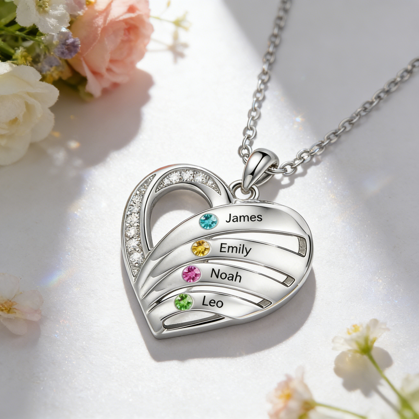 Personalized Heart Necklace with Birthstones, Customized with 3–5 Names and Stones