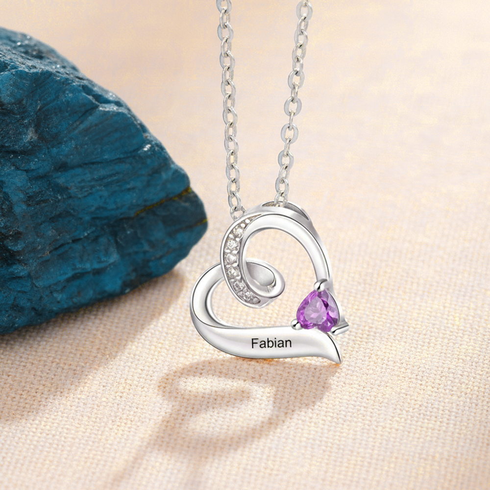 Personalized S925 Heart Necklace with 1 Name and Birthstone