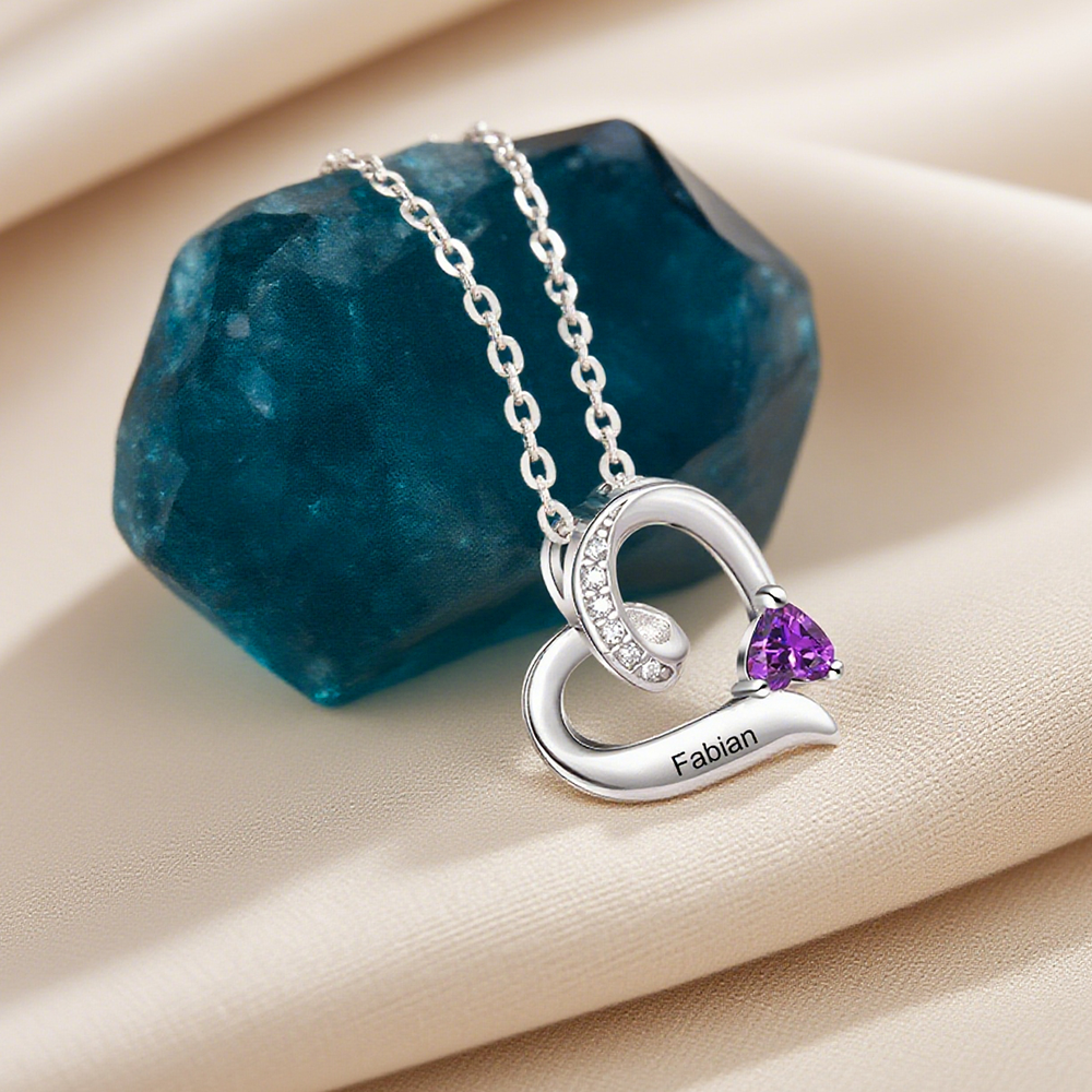 Personalized S925 Heart Necklace with 1 Name and Birthstone