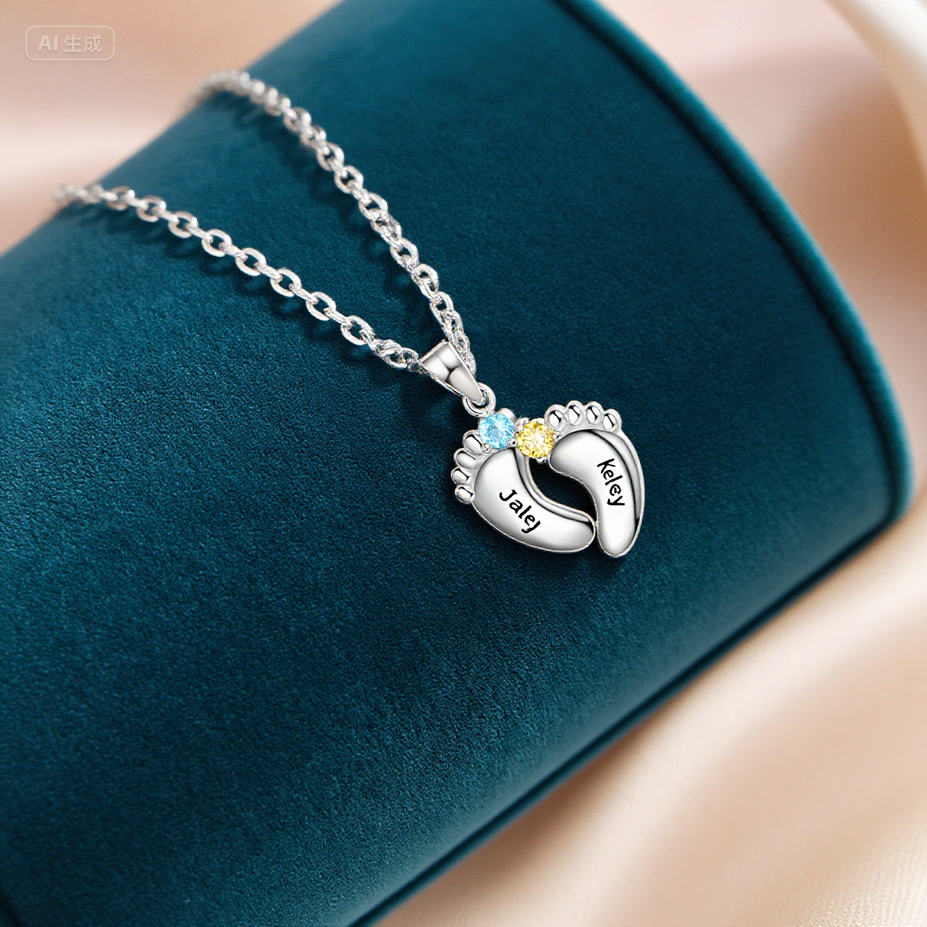 Baby Feet Necklace Custom 1 Birthstone Family Gifts Set for Mom