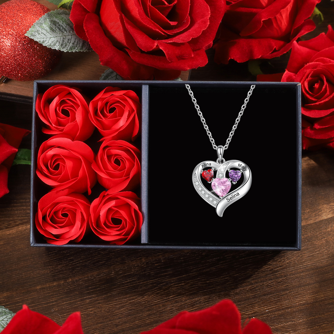 Heart Necklace Custom 3 Names 3 Birthstones Birthday Gifts for Her