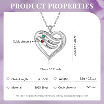 Personalized Intertwined Heart Pendant Necklace Custom 2 Birthstones & 2 Names Necklace Gifts for Her