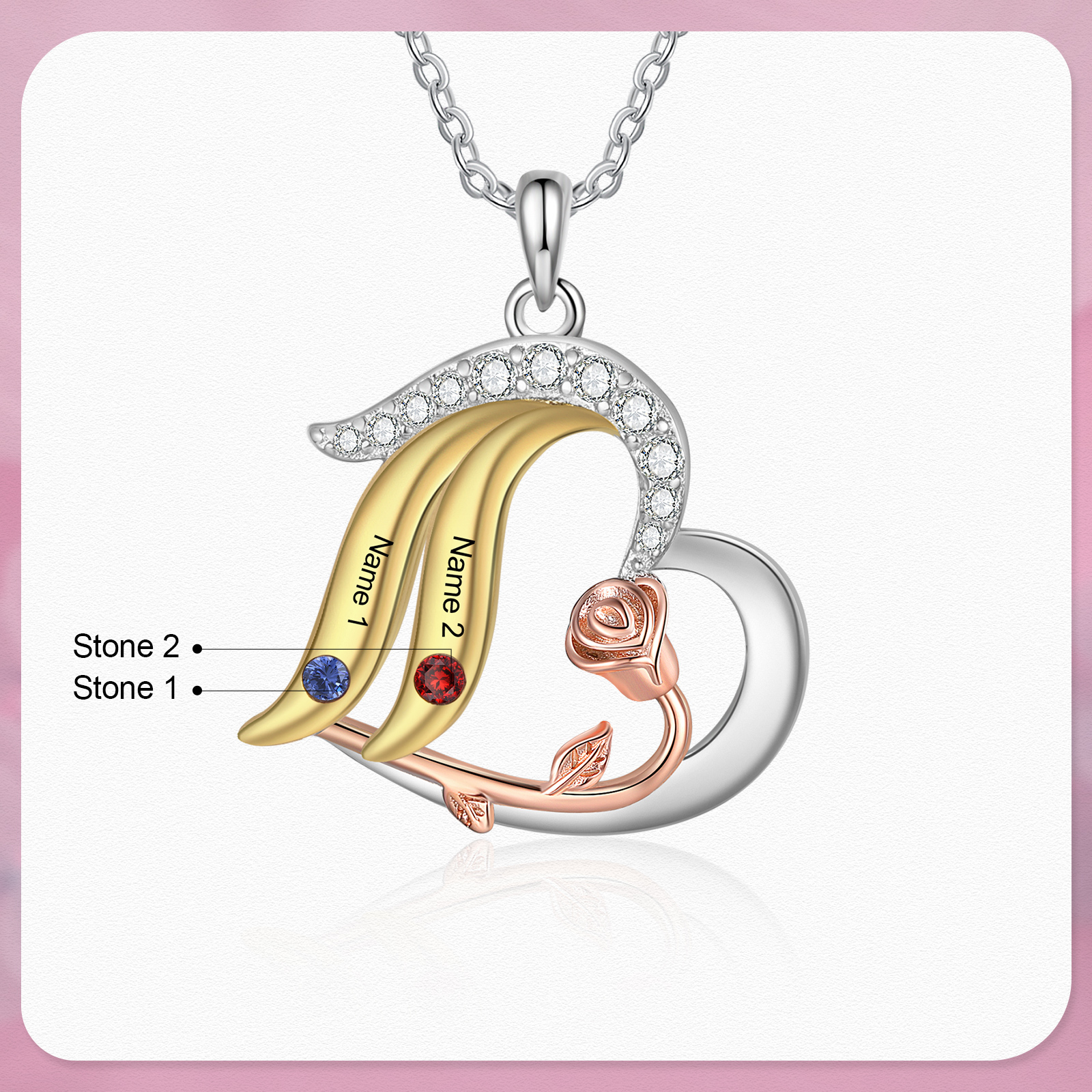 Personalised Heart Rose Pendant Necklace Custom 2-5 Birthstones & 2-5 Names Gifts for Her
