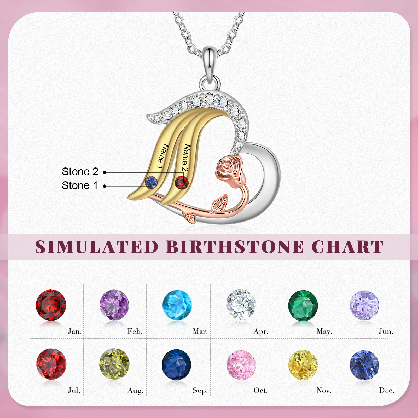 Personalised Heart Rose Pendant Necklace Custom 2-5 Birthstones & 2-5 Names Gifts for Her