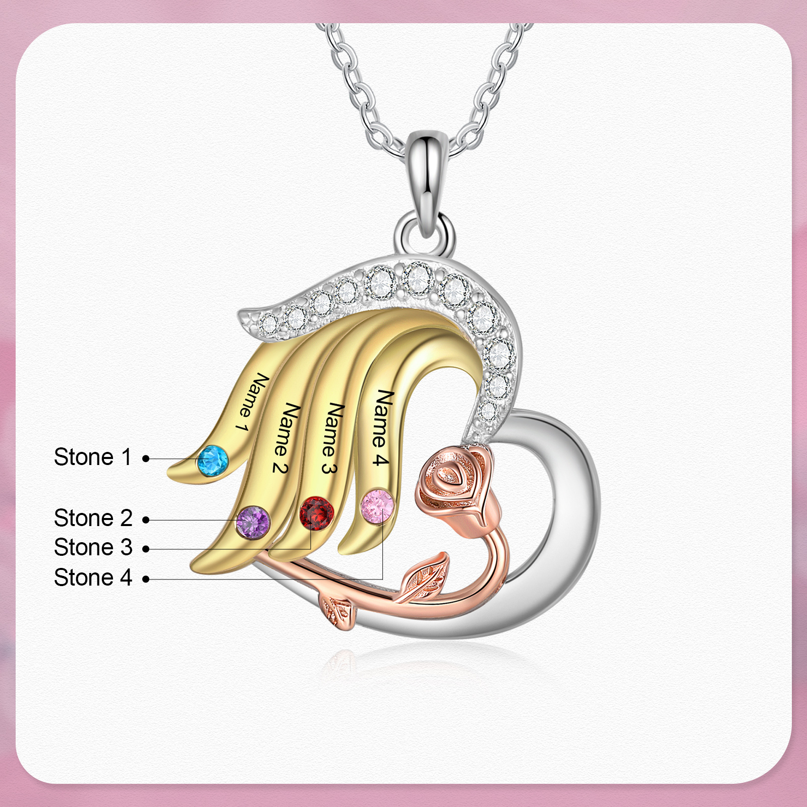 Personalised Heart Rose Pendant Necklace Custom 4 Birthstones & 4 Names Gifts for Her