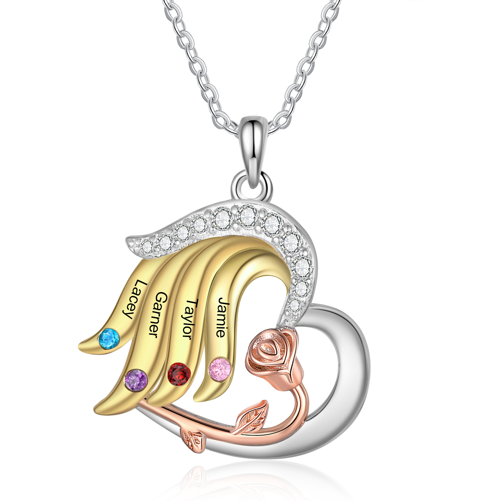 Personalised Heart Rose Pendant Necklace Custom 4 Birthstones & 4 Names Gifts for Her