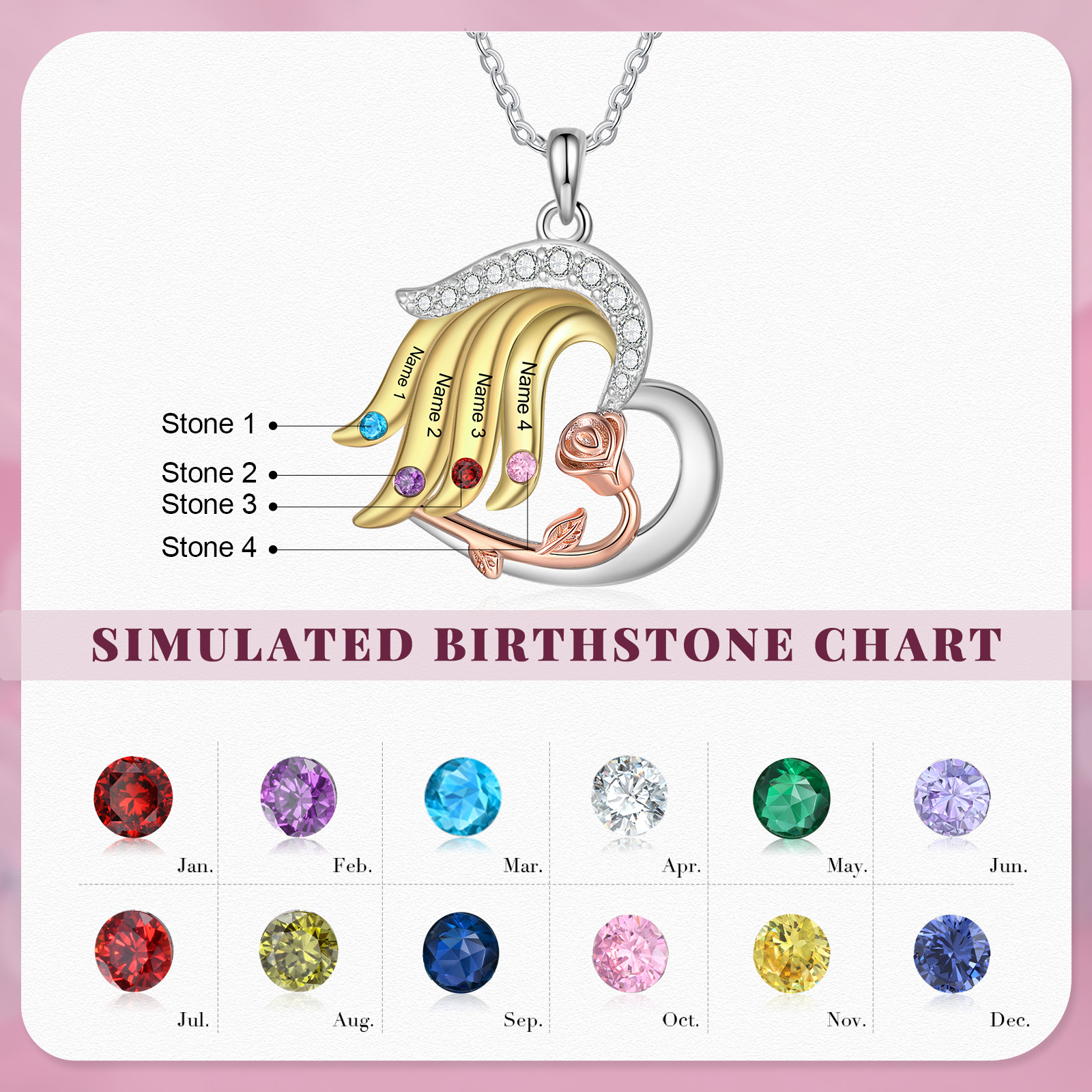 Personalised Heart Rose Pendant Necklace Custom 4 Birthstones & 4 Names Gifts for Her