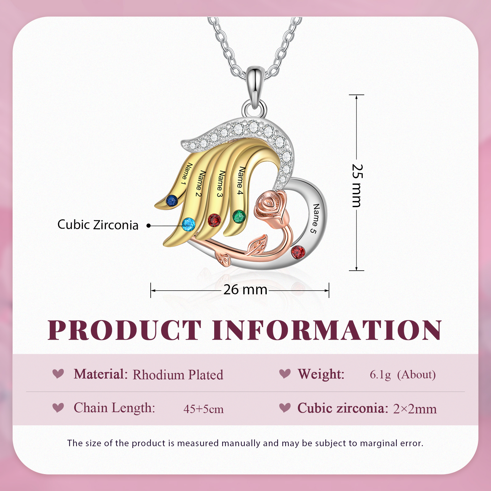 Personalised Heart Rose Pendant Necklace Custom 5 Birthstones & 5 Names Gifts for Her