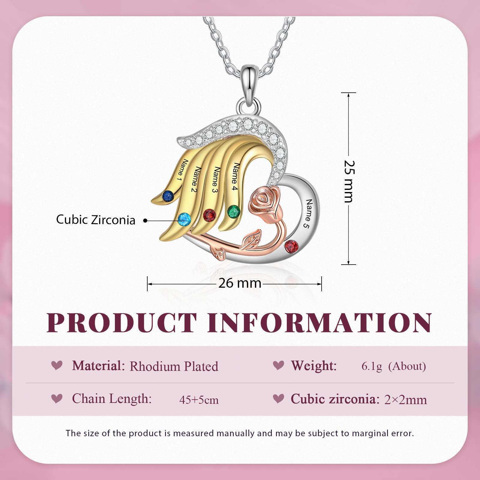 Personalised Heart Rose Pendant Necklace Custom 5 Birthstones & 5 Names Gifts for Her