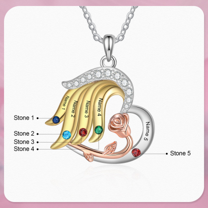 Personalised Heart Rose Pendant Necklace Custom 5 Birthstones & 5 Names Gifts for Her