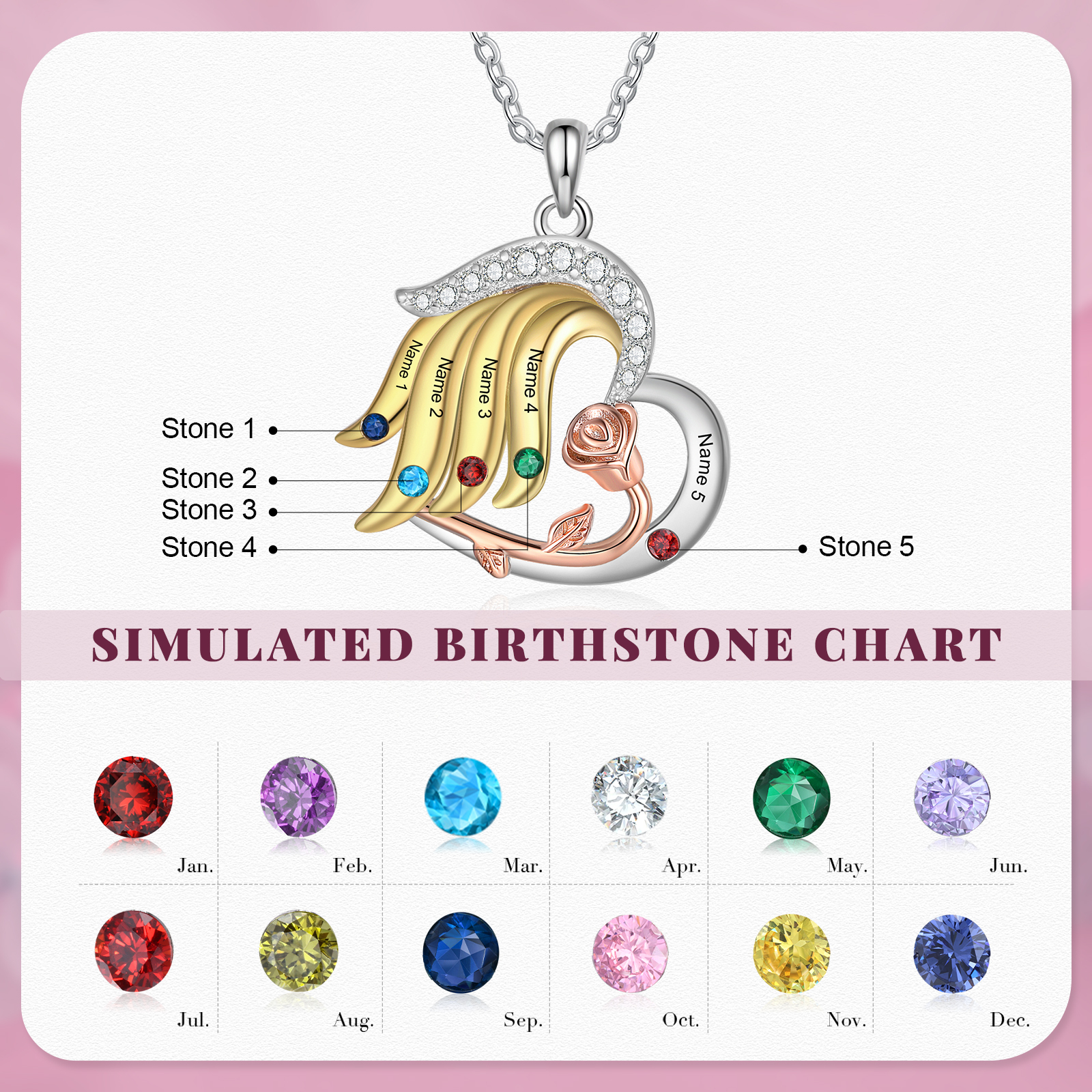 Personalised Heart Rose Pendant Necklace Custom 5 Birthstones & 5 Names Gifts for Her