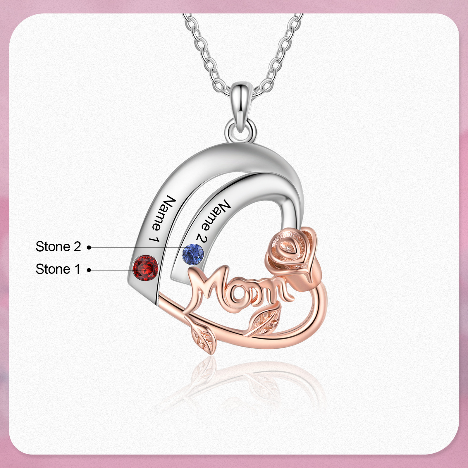 Personalized Heart Pendant Necklace Custom 2 Birthstones & 2 Names Birthday Gift for Mom/Grandma