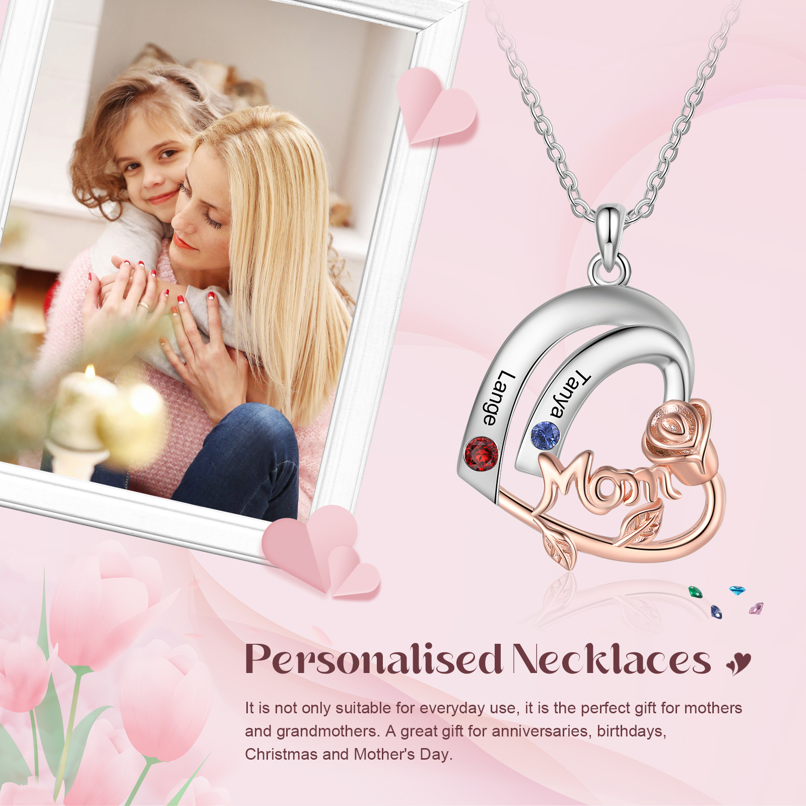 Personalized Heart Pendant Necklace Custom 2 Birthstones & 2 Names Birthday Gift for Mom/Grandma