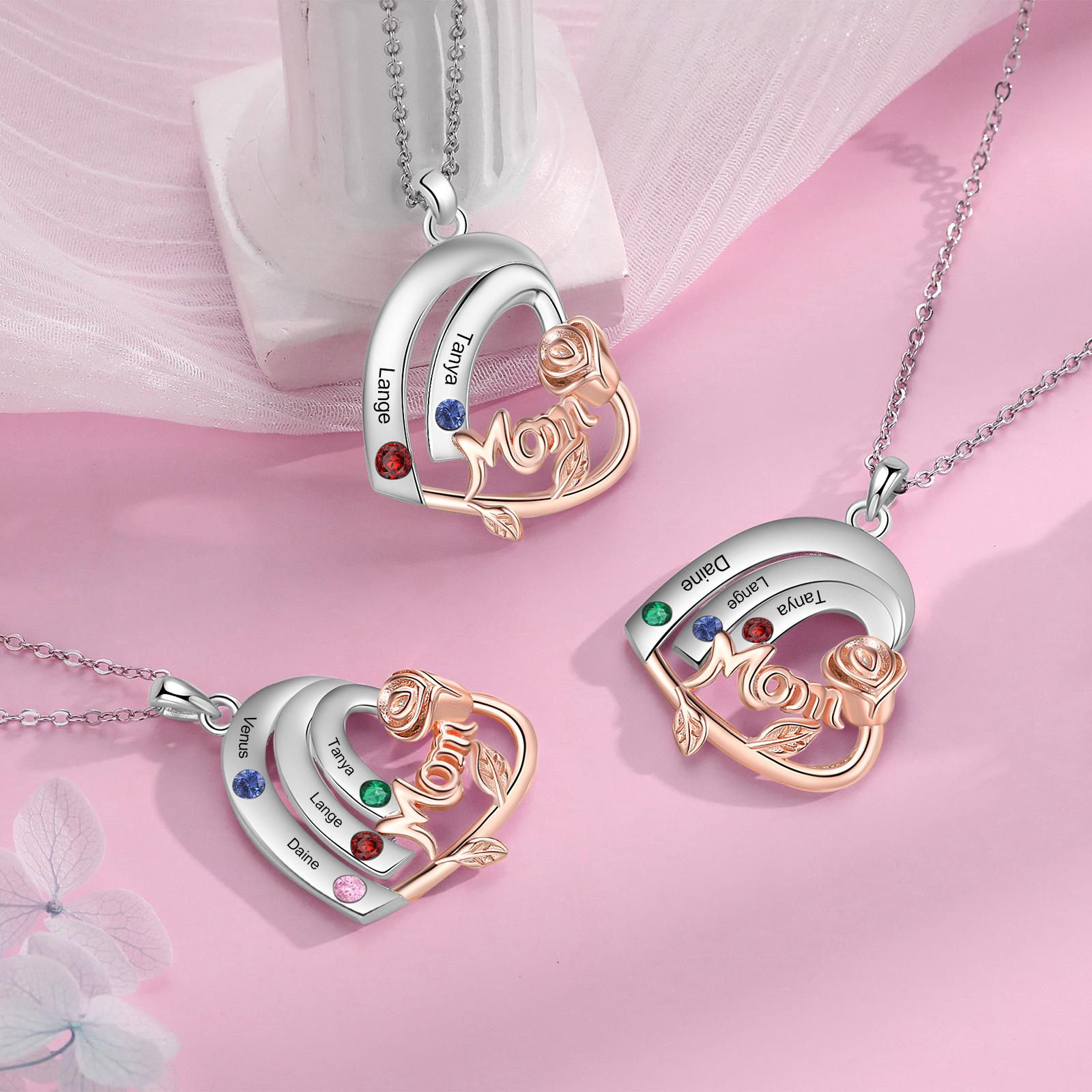 Personalized Heart Pendant Necklace Custom 2 Birthstones & 2 Names Birthday Gift for Mom/Grandma