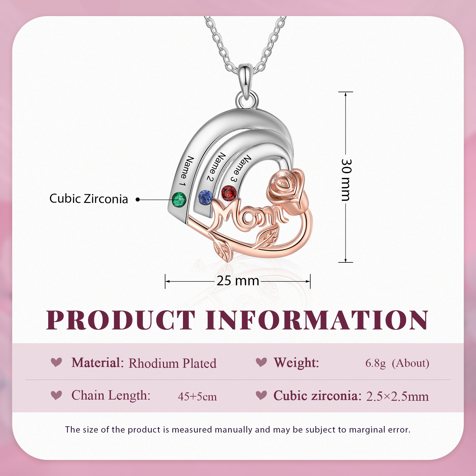 Personalized Heart Pendant Necklace Custom 3 Birthstones & 3 Names Birthday Gift for Mom/Grandma