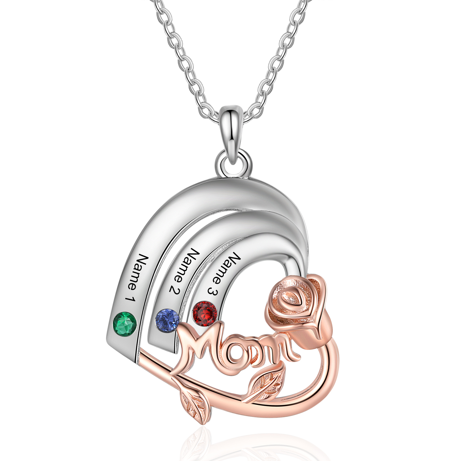 Personalized Heart Pendant Necklace Custom 3 Birthstones & 3 Names Birthday Gift for Mom/Grandma