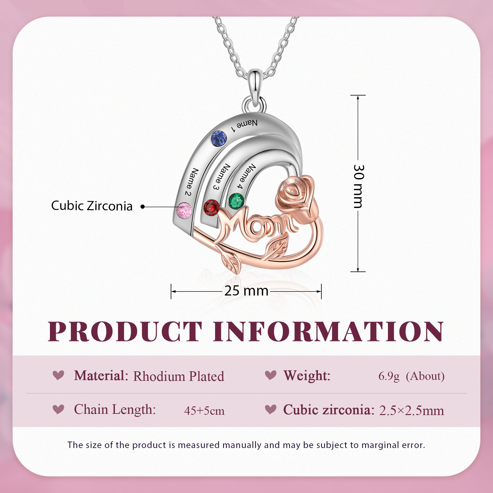 Personalized Heart Pendant Necklace Custom 4 Birthstones & 4 Names Birthday Gift for Mom/Grandma