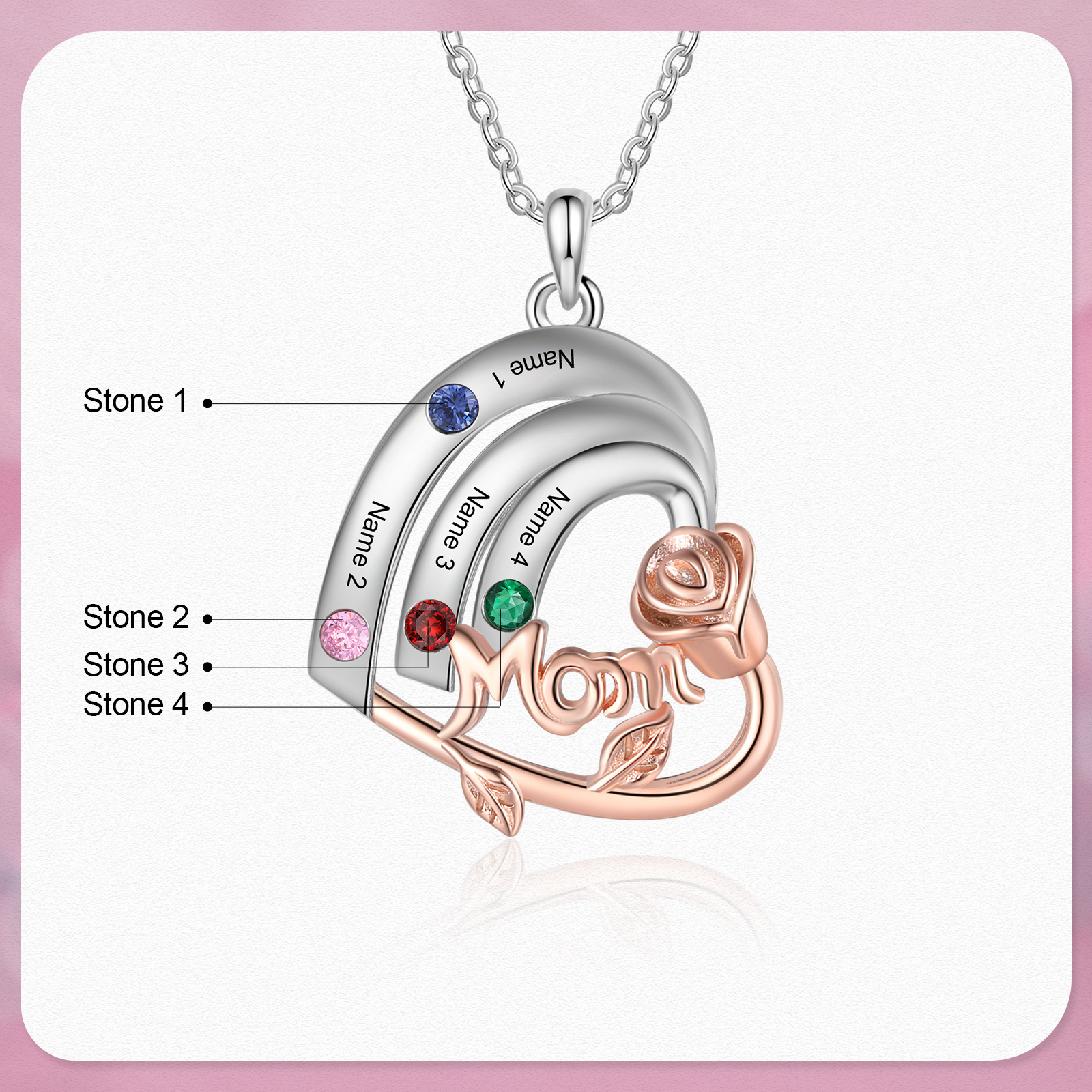 Personalized Heart Pendant Necklace Custom 4 Birthstones & 4 Names Birthday Gift for Mom/Grandma