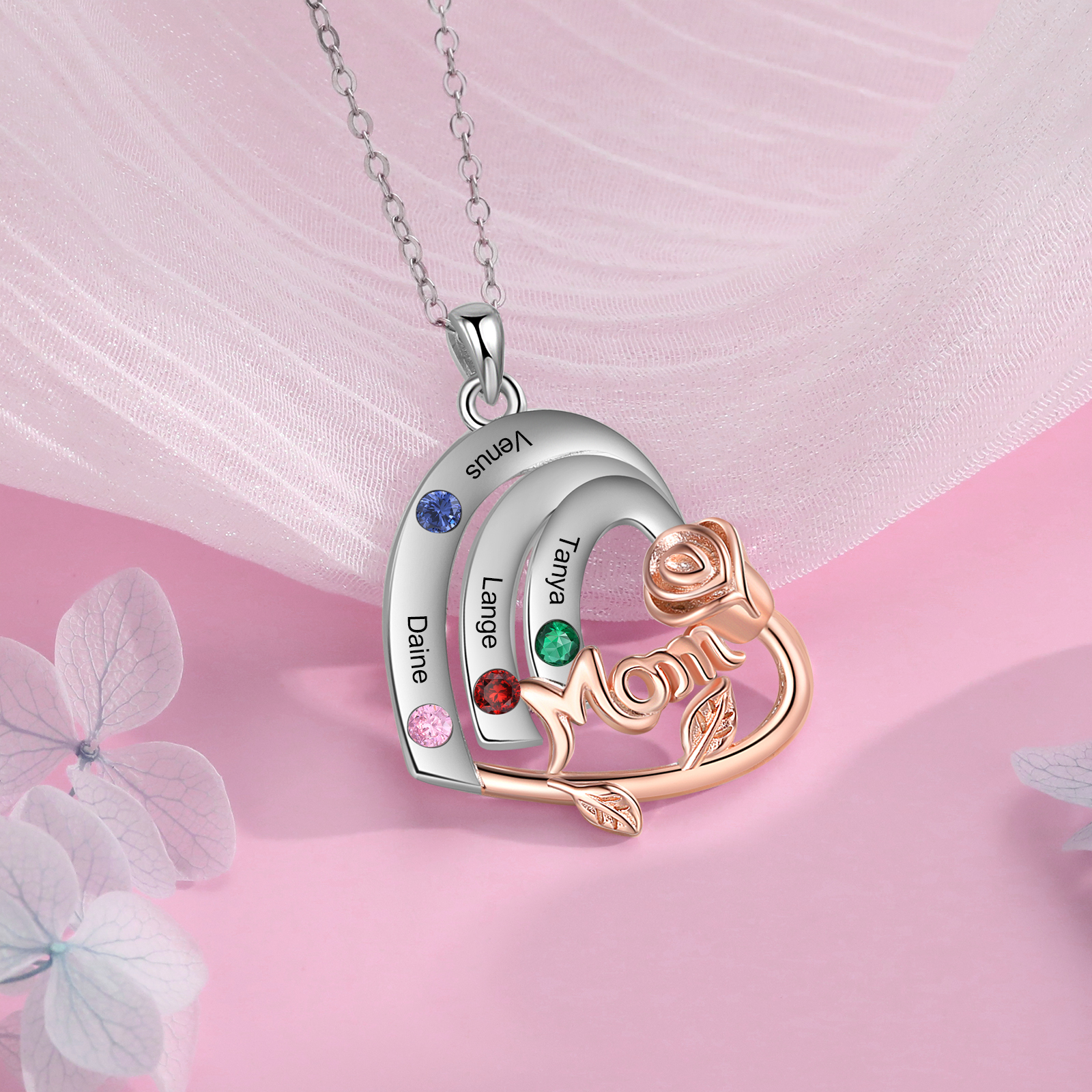 Personalized Heart Pendant Necklace Custom 4 Birthstones & 4 Names Birthday Gift for Mom/Grandma