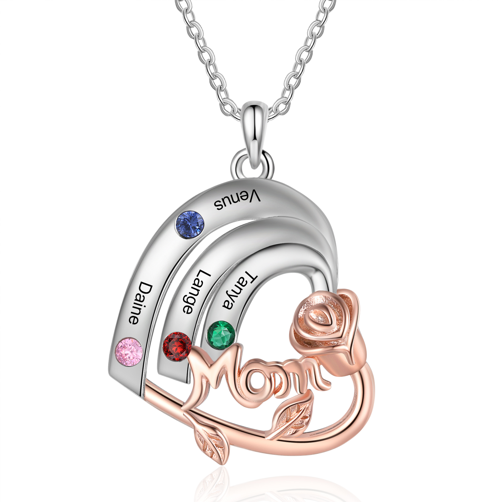 Personalized Heart Pendant Necklace Custom 4 Birthstones & 4 Names Birthday Gift for Mom/Grandma