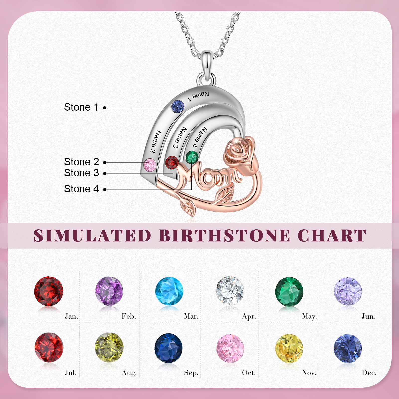 Personalized Heart Pendant Necklace Custom 4 Birthstones & 4 Names Birthday Gift for Mom/Grandma