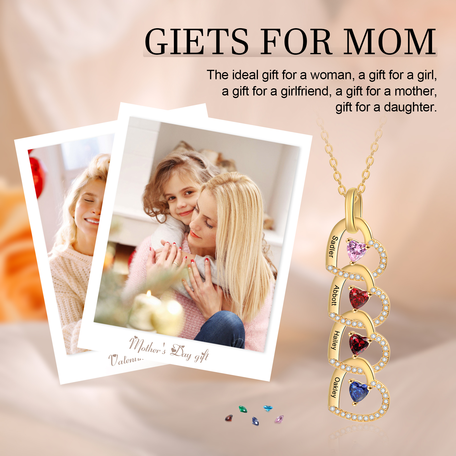 Personalized Heart Pendant Necklace Custom 4-6 Birthstones & 4-6 Names Women's Necklace Gold Gift for Her
