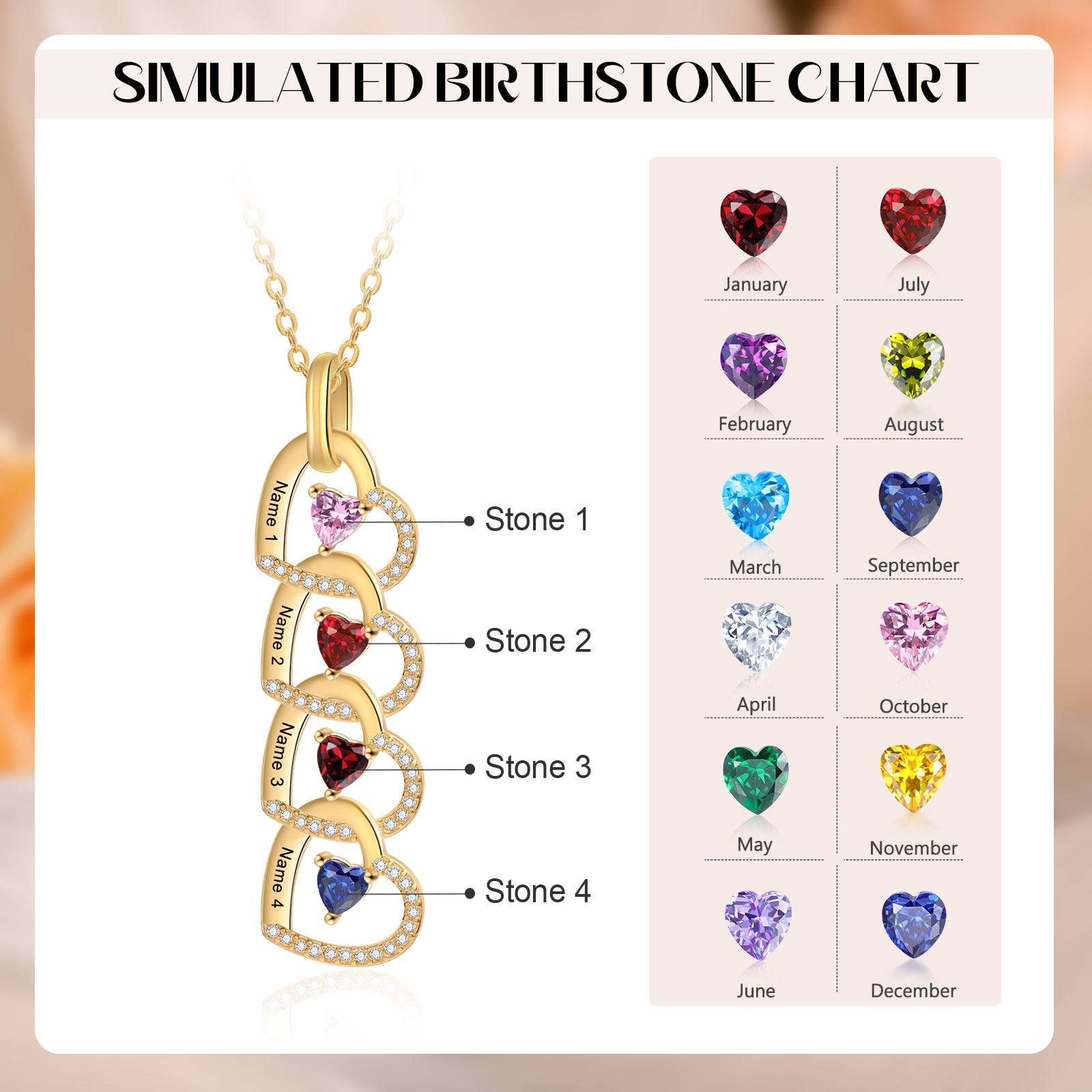 Personalized Heart Pendant Necklace Custom 4-6 Birthstones & 4-6 Names Women's Necklace Gold Gift for Her