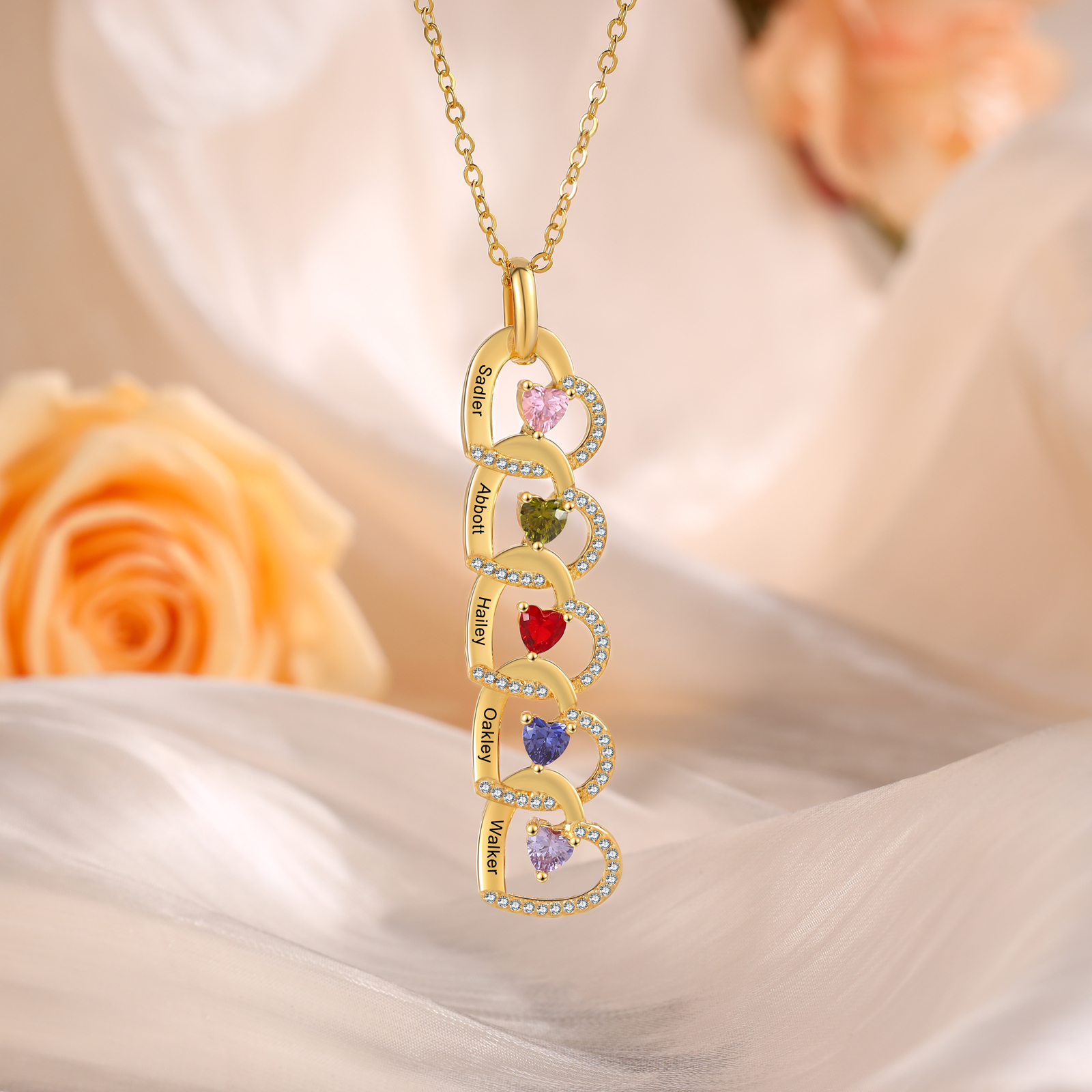Personalized Heart Pendant Necklace Custom 4-6 Birthstones & 4-6 Names Women's Necklace Gold Gift for Her