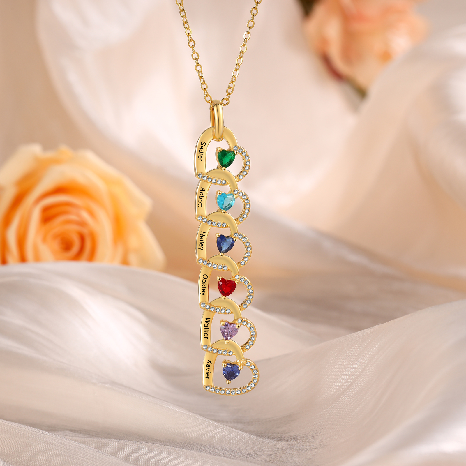 Personalized Heart Pendant Necklace Custom 4-6 Birthstones & 4-6 Names Women's Necklace Gold Gift for Her