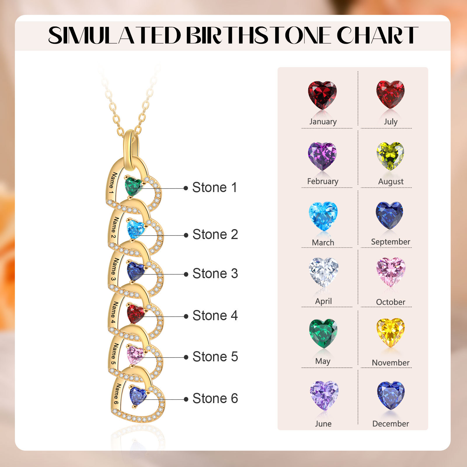 Personalized Heart Pendant Necklace Custom 4-6 Birthstones & 4-6 Names Women's Necklace Gold Gift for Her