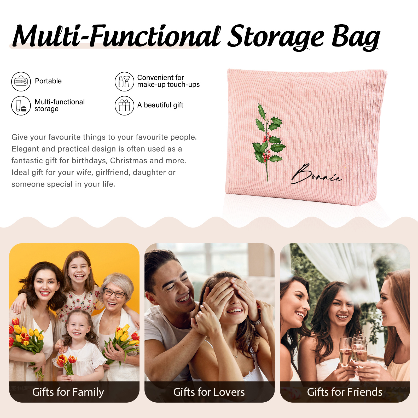 [Copy]Personalized Name & Birthday Flower Cosmetic Bag Zipper Makeup Bag Jewelry Storage Bag Gifts for Her