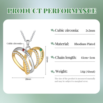 Personalized Heart Necklace with 2 Birthstones 2 Names Custom Women's Necklace Gift for Her