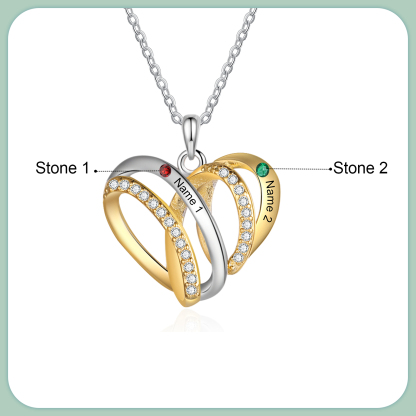 Personalized Heart Necklace with 2 Birthstones 2 Names Custom Women's Necklace Gift for Her