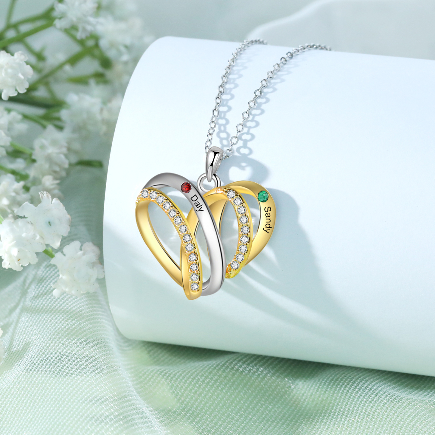 Personalized Heart Necklace with 2 Birthstones 2 Names Custom Women's Necklace Gift for Her