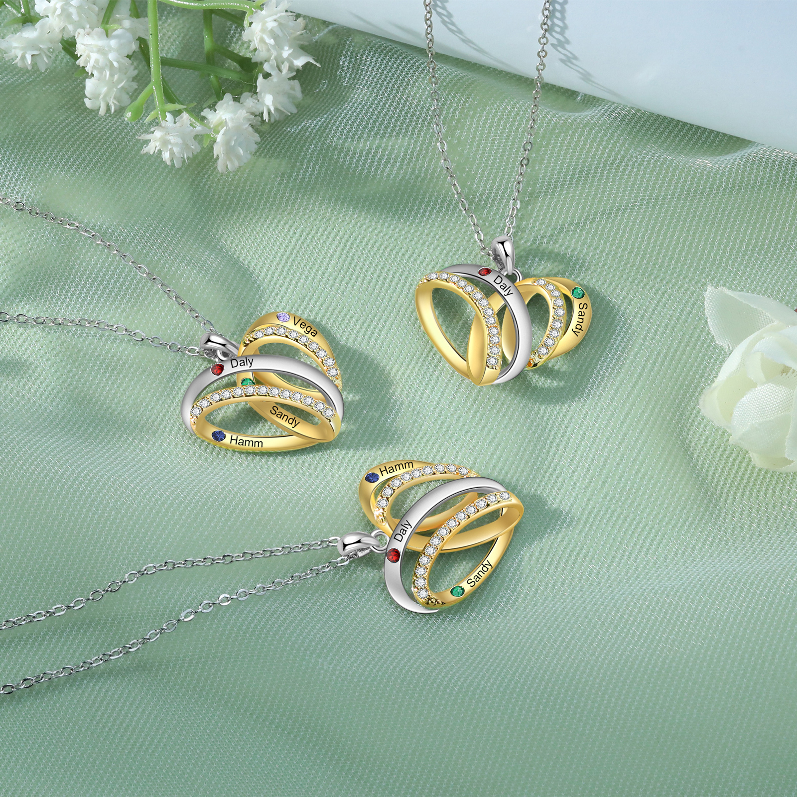 Personalized Heart Necklace with 3 Birthstones 3 Names Custom Women's Necklace Gift for Her