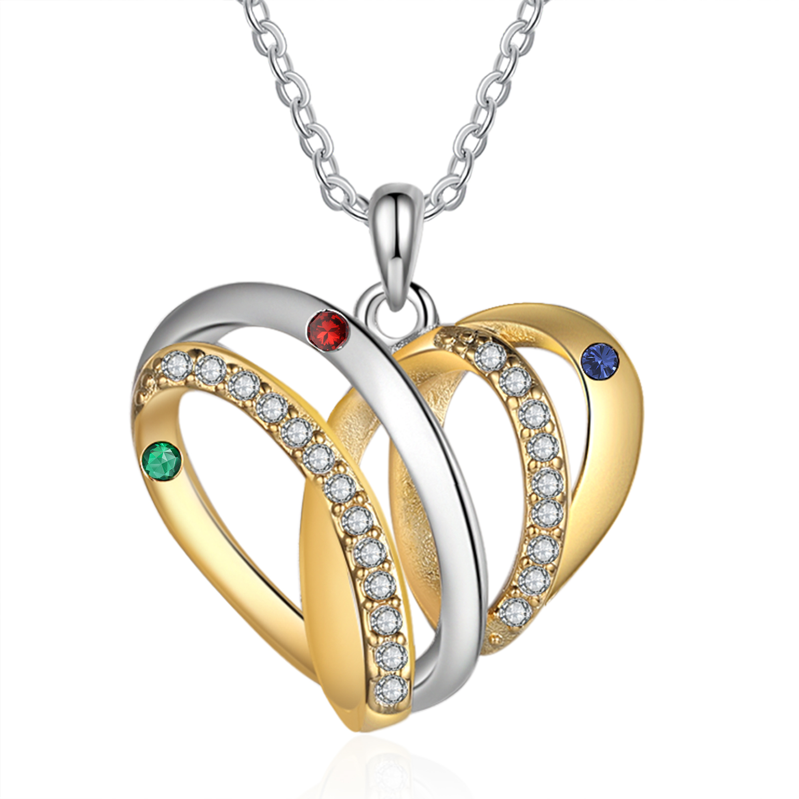 Personalized Heart Necklace with 3 Birthstones 3 Names Custom Women's Necklace Gift for Her